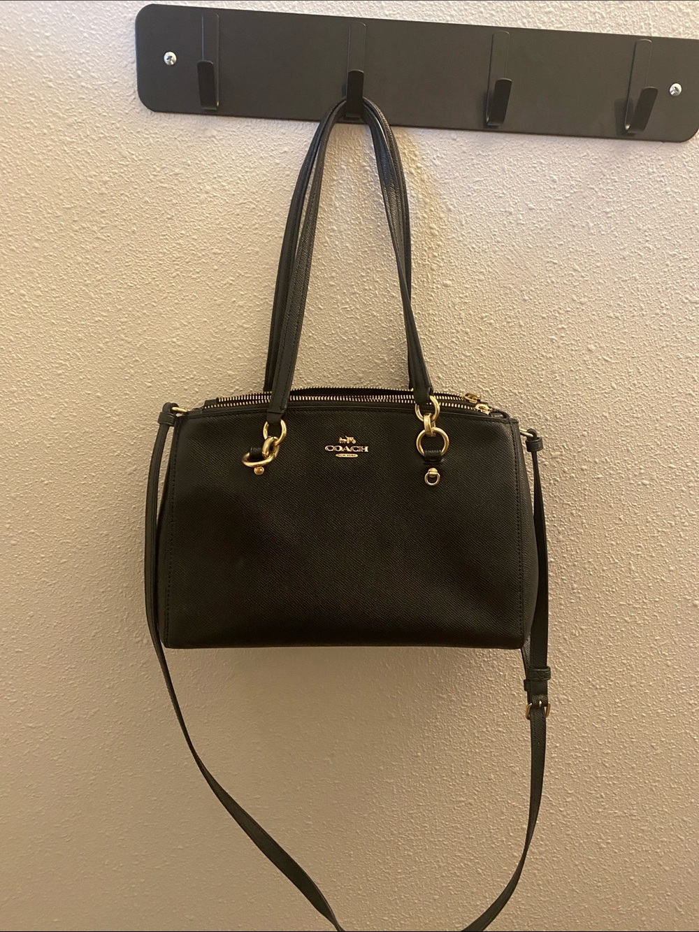 Coach Black Leather Shoulder Satchel with Gold Accents